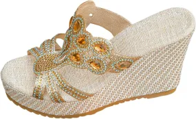 Arch Support Slide Sandals for Women,Wide Width Rhinestone Sparkly Orthopedic Peep Toe Espadrilles Sandal Summer Low Wedge Heel Slides Ladies Comfy Shoes for Daily Wear Outdoor Indoor