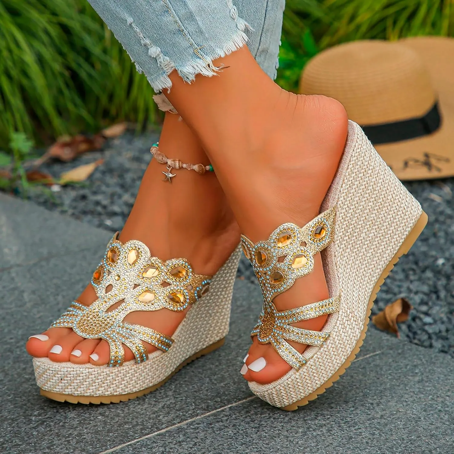 Arch Support Slide Sandals for Women,Wide Width Rhinestone Sparkly Orthopedic Peep Toe Espadrilles Sandal Summer Low Wedge Heel Slides Ladies Comfy Shoes for Daily Wear Outdoor Indoor