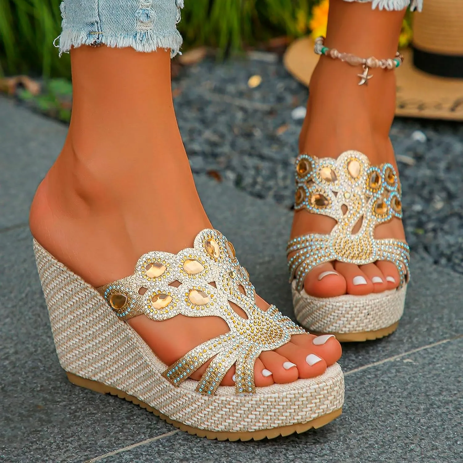 Arch Support Slide Sandals for Women,Wide Width Rhinestone Sparkly Orthopedic Peep Toe Espadrilles Sandal Summer Low Wedge Heel Slides Ladies Comfy Shoes for Daily Wear Outdoor Indoor