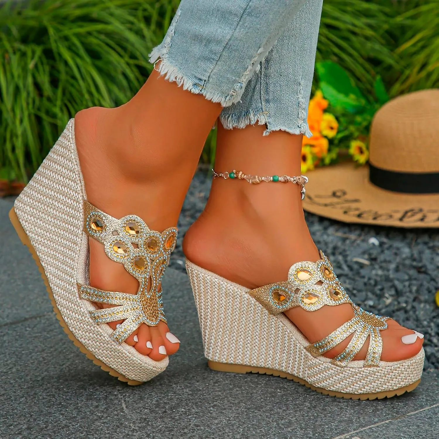 Arch Support Slide Sandals for Women,Wide Width Rhinestone Sparkly Orthopedic Peep Toe Espadrilles Sandal Summer Low Wedge Heel Slides Ladies Comfy Shoes for Daily Wear Outdoor Indoor
