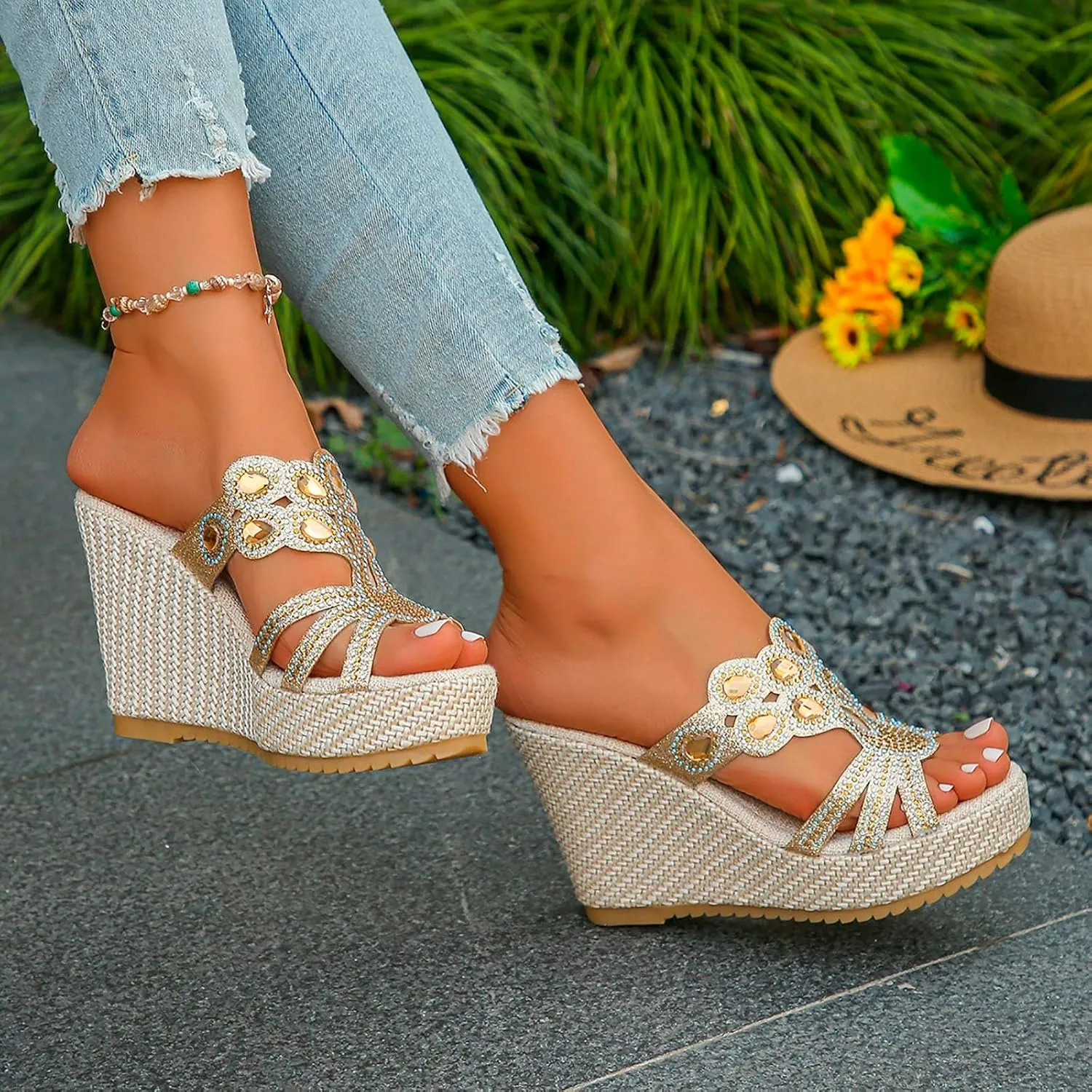 Arch Support Slide Sandals for Women,Wide Width Rhinestone Sparkly Orthopedic Peep Toe Espadrilles Sandal Summer Low Wedge Heel Slides Ladies Comfy Shoes for Daily Wear Outdoor Indoor
