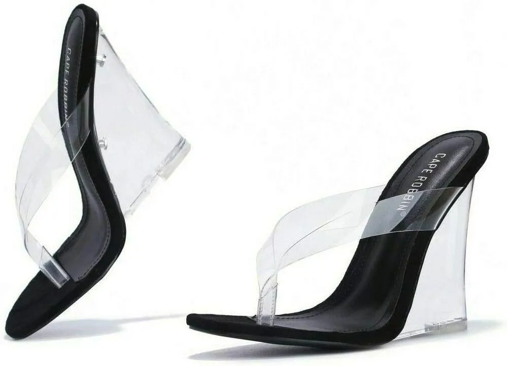 Cape Robbin Fresh Transparent Wedge Sandals Black Open High Clear Platform Mule