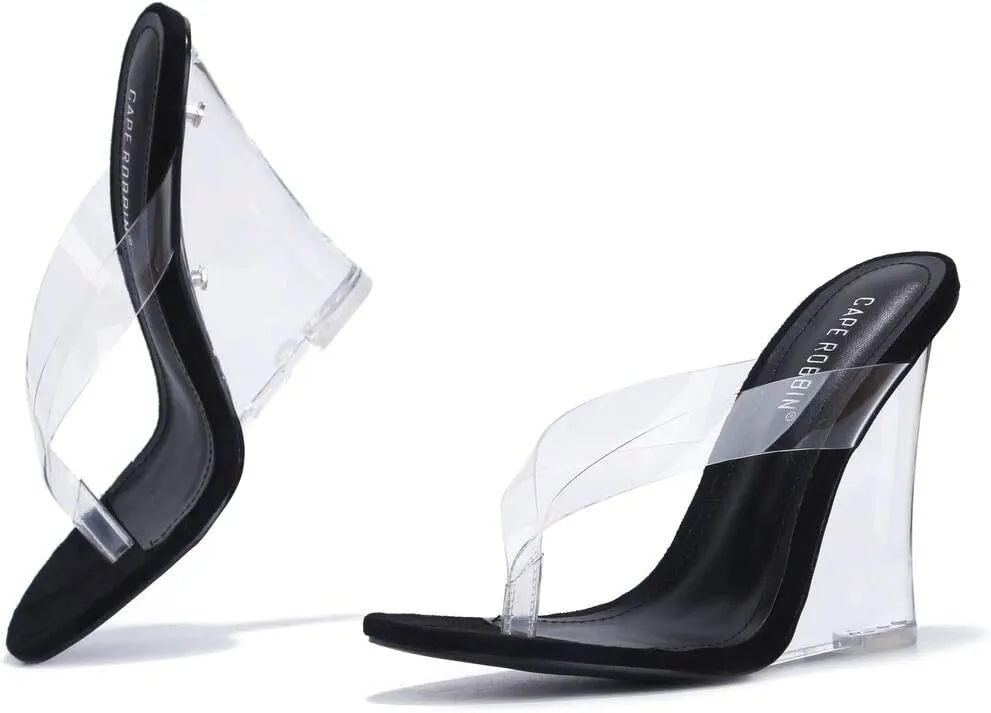Cape Robbin Fresh Transparent Wedge Sandals Black Open High Clear Platform Mule
