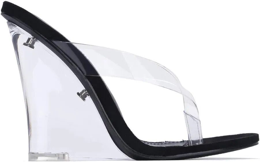 Cape Robbin Fresh Transparent Wedge Sandals Black Open High Clear Platform Mule