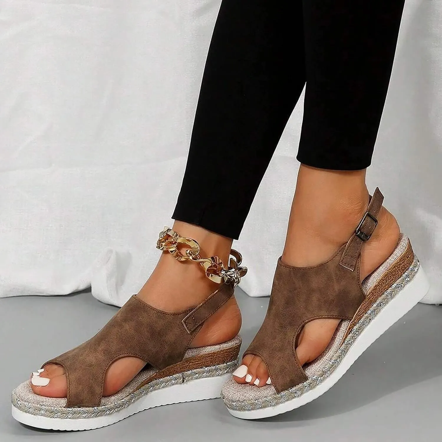 Espadrilles Wedge Sandals for Women Orthopedic Low Heels Sandal Peep Toe Hollow Out Slip On Footwear Ladies Arch Support Summer Comfy Strappy Casual Shoes Recovery Wide Shoe for Daily Wear