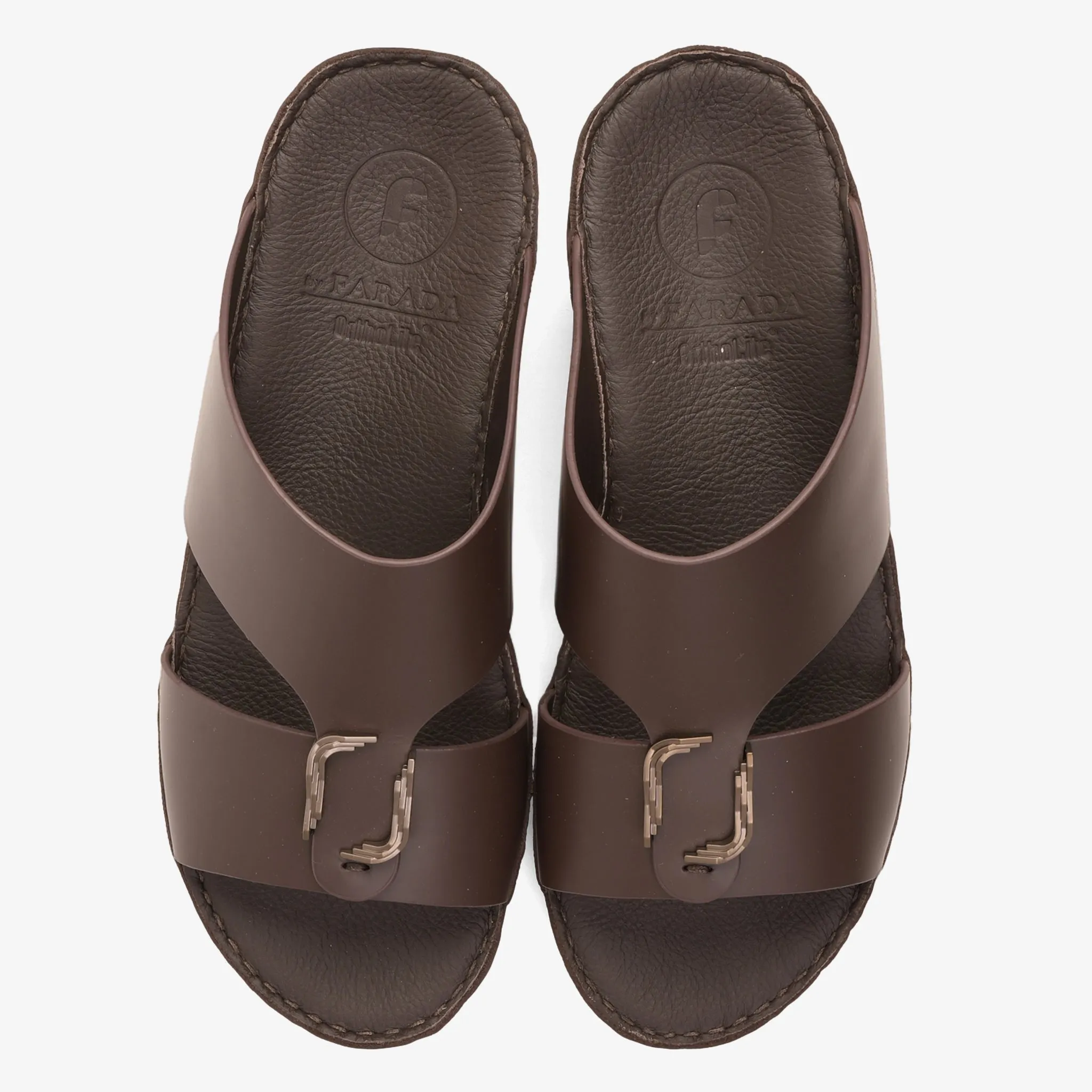 FARADA MODERN LEATHER ARABIC SANDALS WITH BRASS DOUBLE F TRIM BROWN