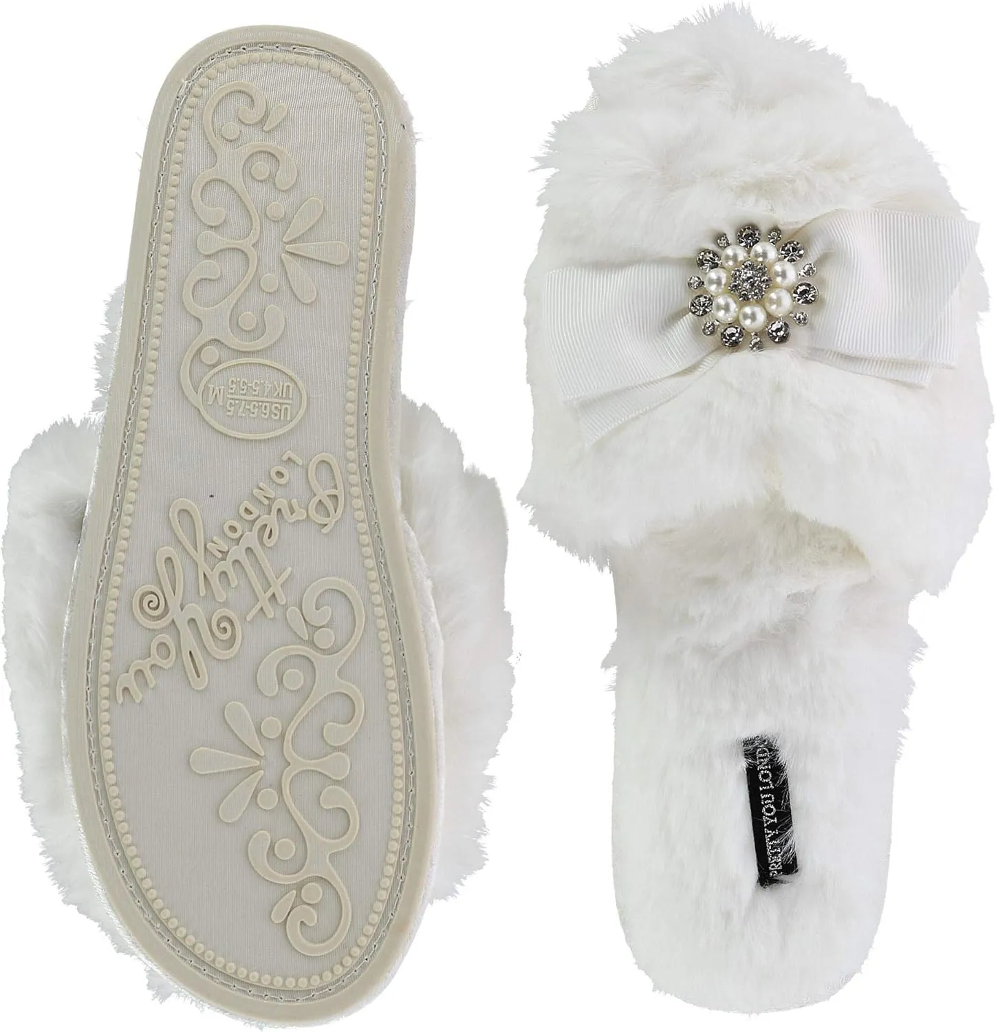 Faux Fur Bow Slippers with Rhinestones - Open Toe House Slides in Black (sizes Small to XLarge)