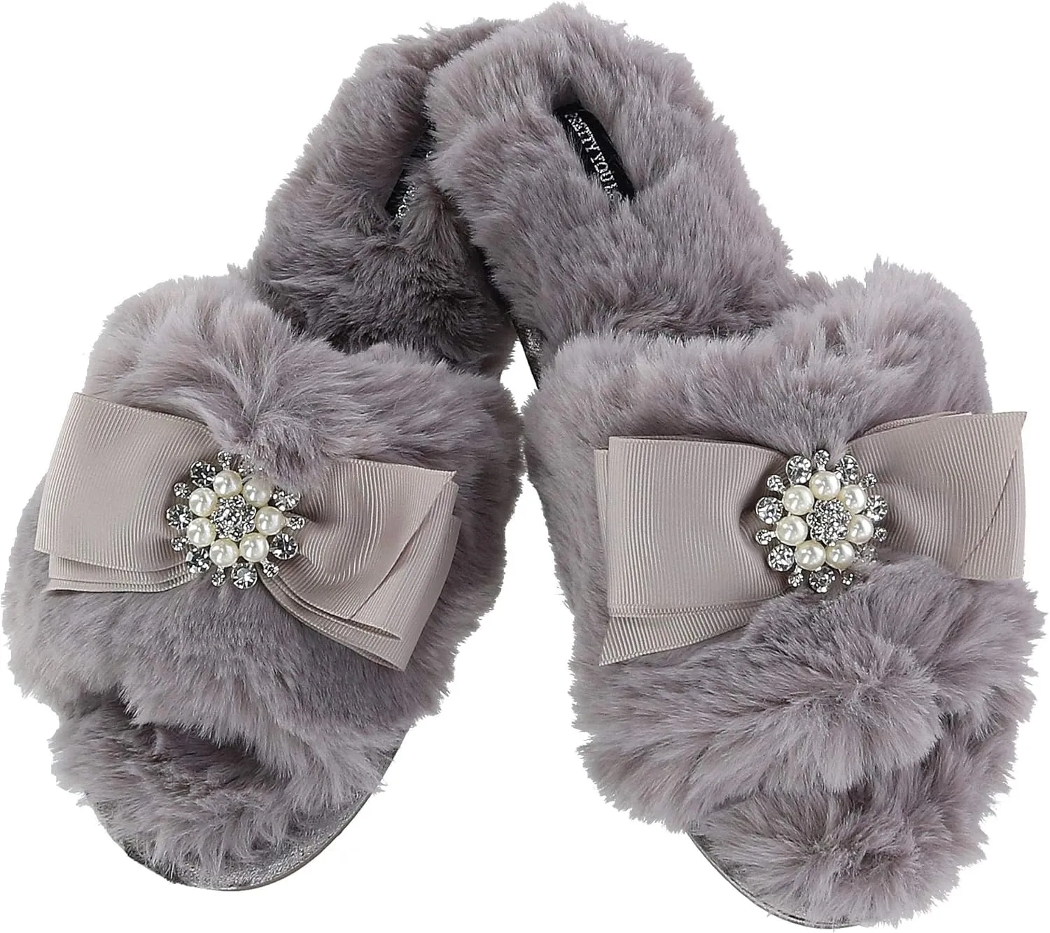 Faux Fur Bow Slippers with Rhinestones - Open Toe House Slides in Black (sizes Small to XLarge)