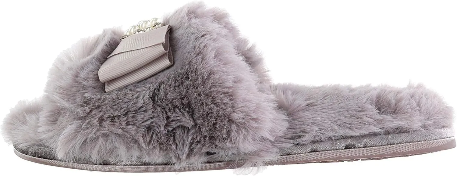 Faux Fur Bow Slippers with Rhinestones - Open Toe House Slides in Black (sizes Small to XLarge)
