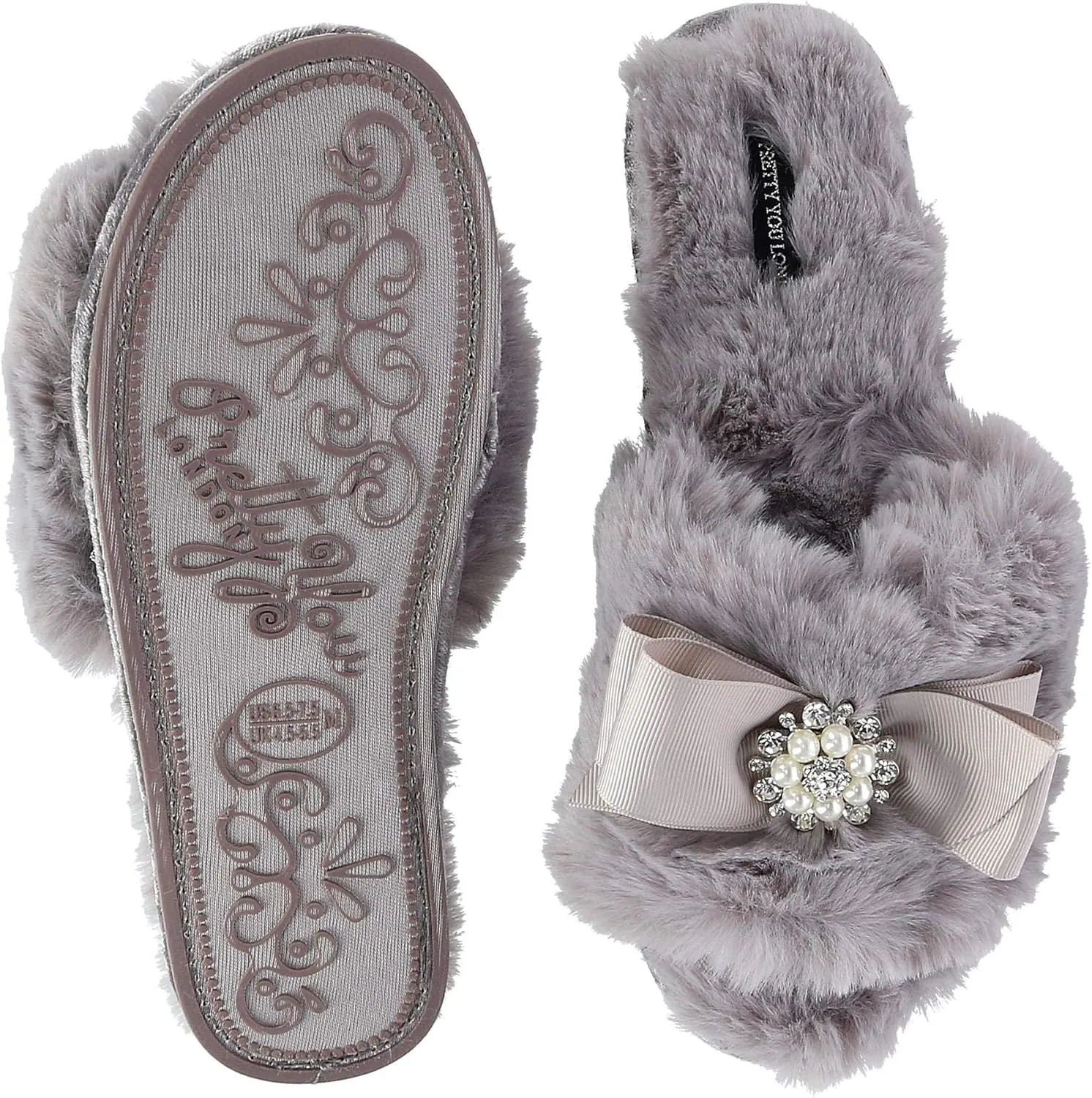 Faux Fur Bow Slippers with Rhinestones - Open Toe House Slides in Black (sizes Small to XLarge)