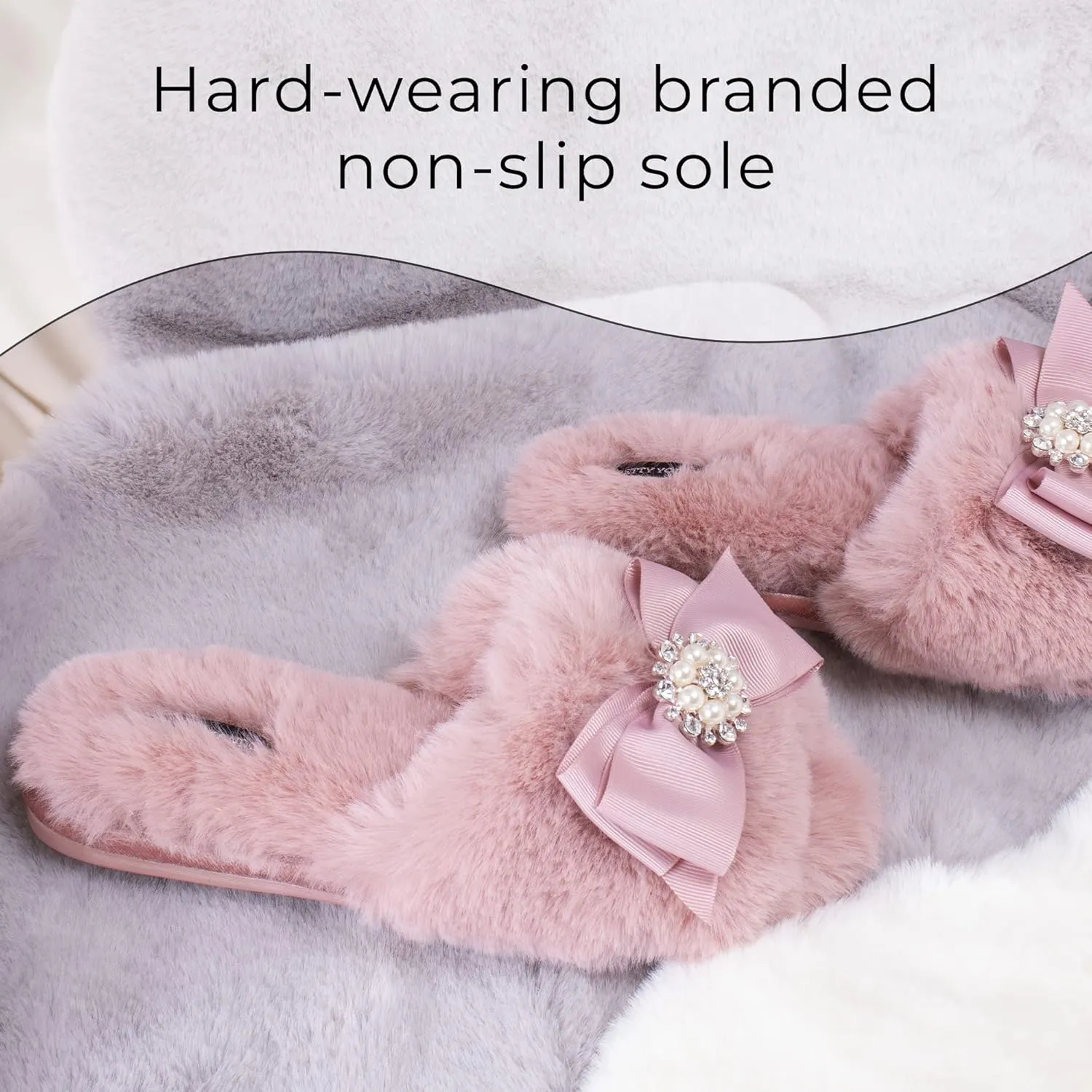Faux Fur Bow Slippers with Rhinestones - Open Toe House Slides in Black (sizes Small to XLarge)