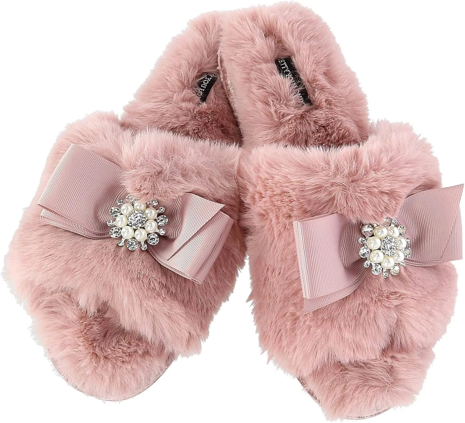 Faux Fur Bow Slippers with Rhinestones - Open Toe House Slides in Black (sizes Small to XLarge)