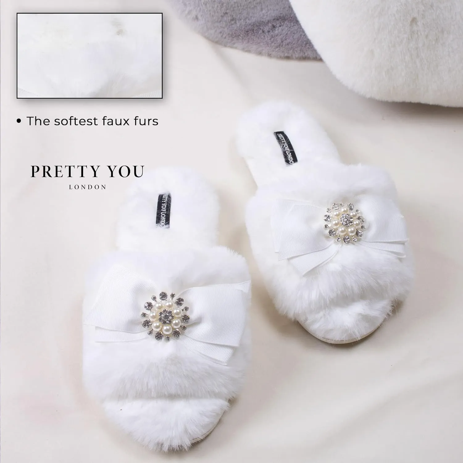 Faux Fur Bow Slippers with Rhinestones - Open Toe House Slides in Black (sizes Small to XLarge)