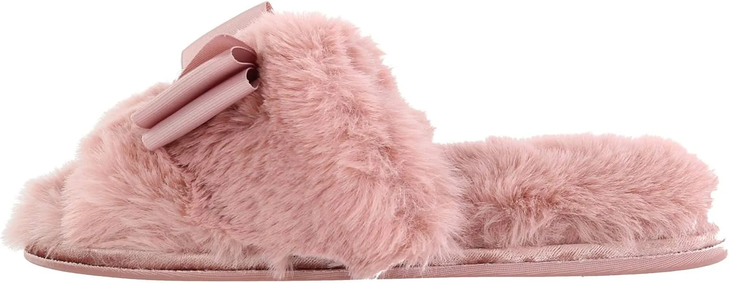 Faux Fur Bow Slippers with Rhinestones - Open Toe House Slides in Black (sizes Small to XLarge)