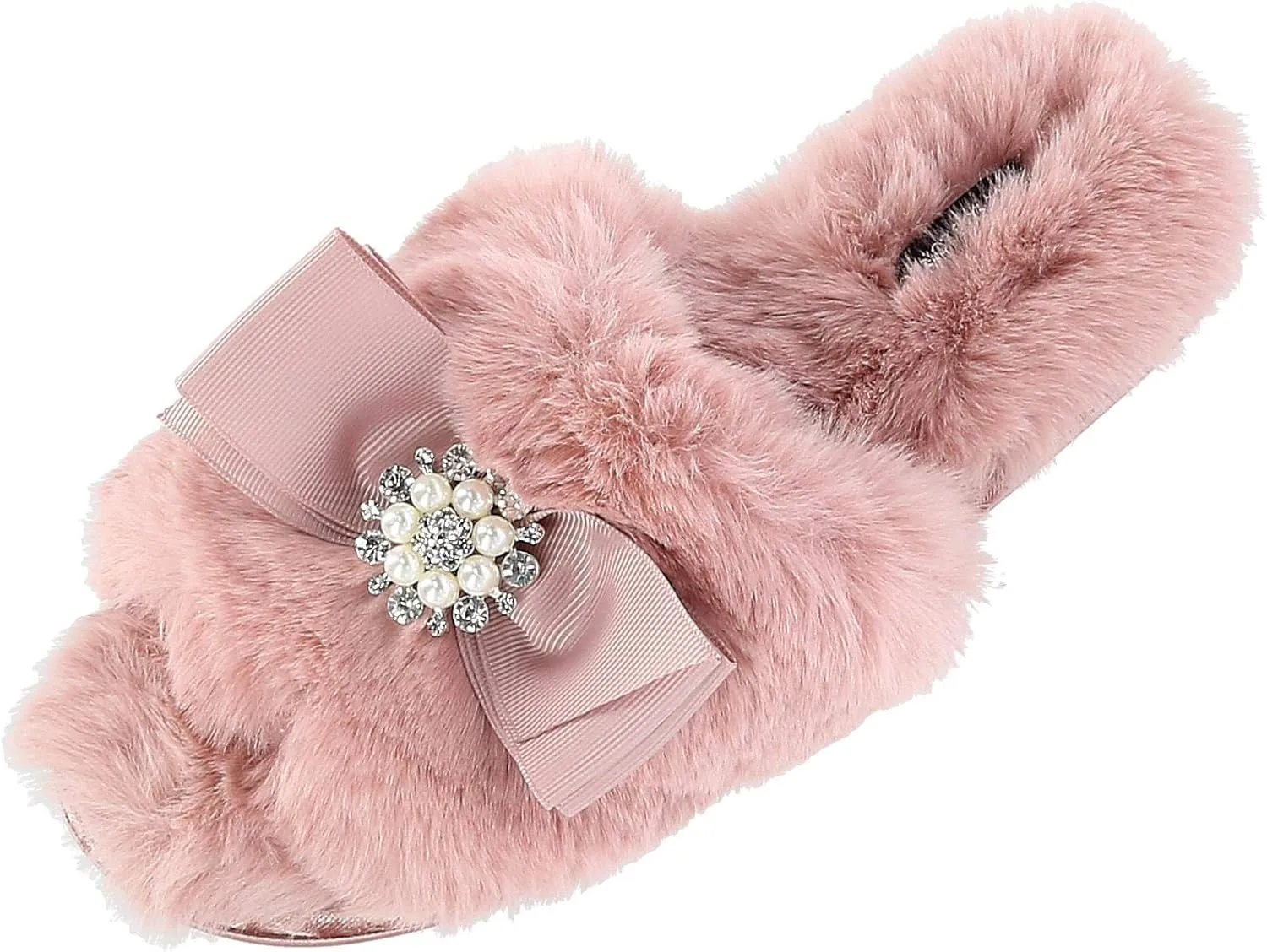 Faux Fur Bow Slippers with Rhinestones - Open Toe House Slides in Black (sizes Small to XLarge)