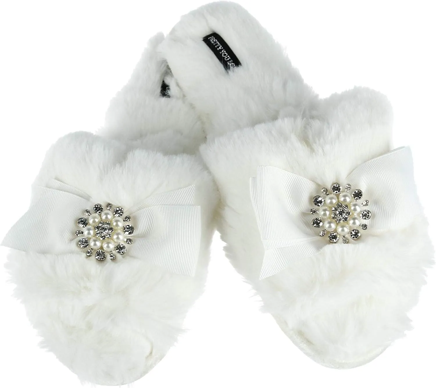 Faux Fur Bow Slippers with Rhinestones - Open Toe House Slides in Black (sizes Small to XLarge)