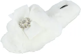 Faux Fur Bow Slippers with Rhinestones - Open Toe House Slides in Black (sizes Small to XLarge)