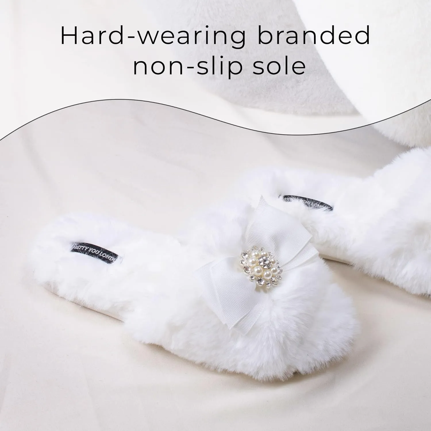 Faux Fur Bow Slippers with Rhinestones - Open Toe House Slides in Black (sizes Small to XLarge)