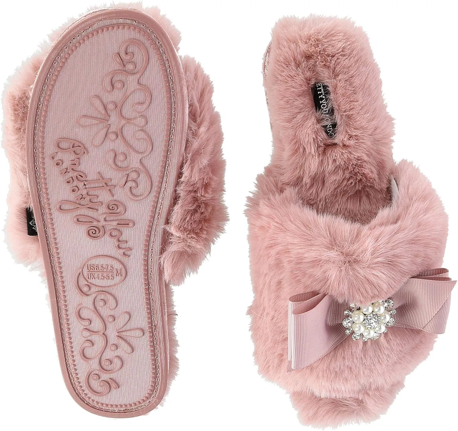 Faux Fur Bow Slippers with Rhinestones - Open Toe House Slides in Black (sizes Small to XLarge)