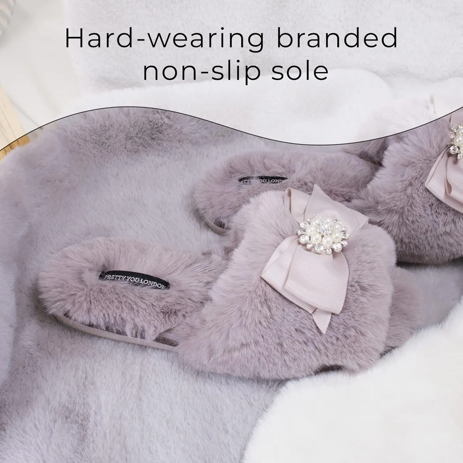 Faux Fur Bow Slippers with Rhinestones - Open Toe House Slides in Black (sizes Small to XLarge)