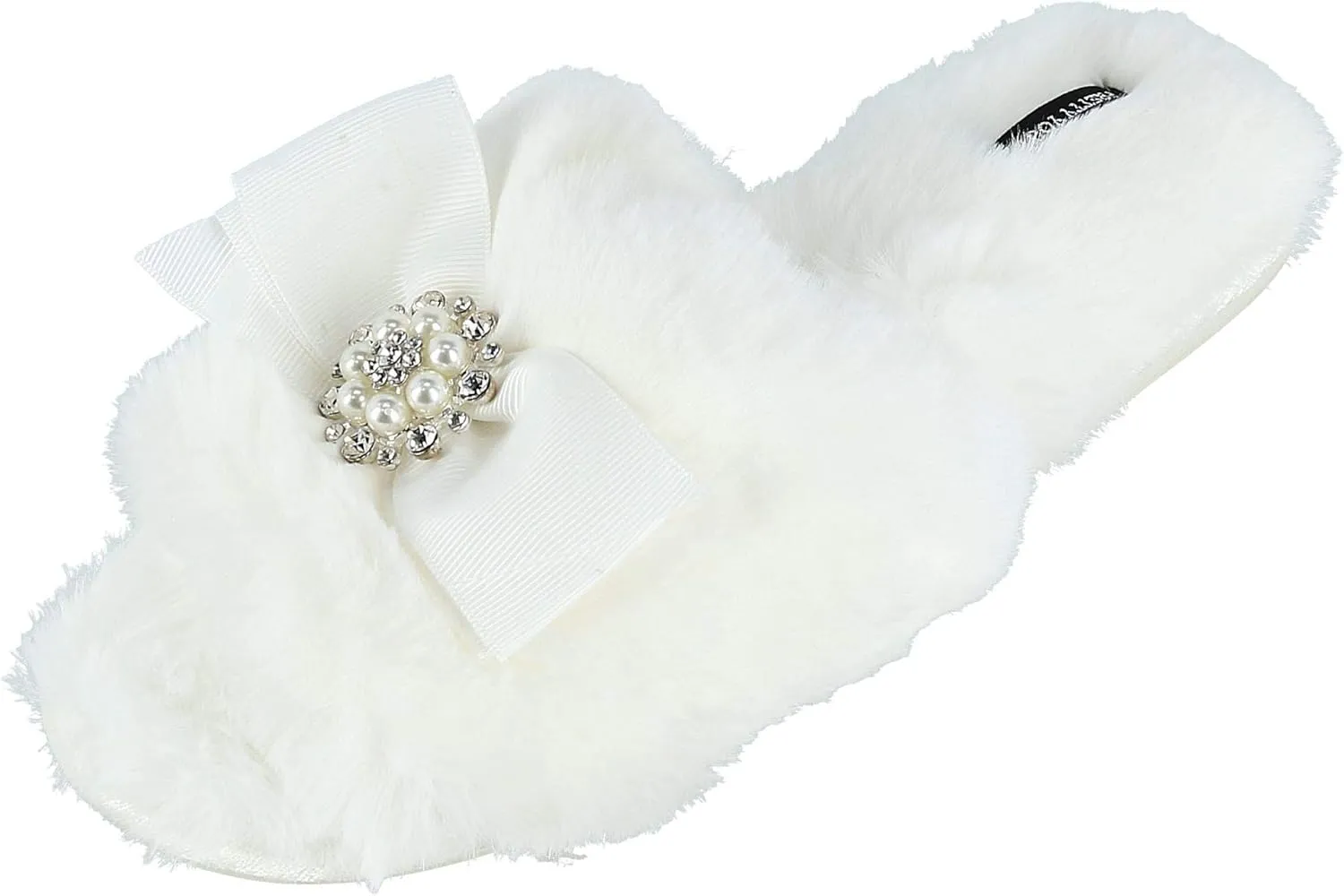 Faux Fur Bow Slippers with Rhinestones - Open Toe House Slides in Black (sizes Small to XLarge)