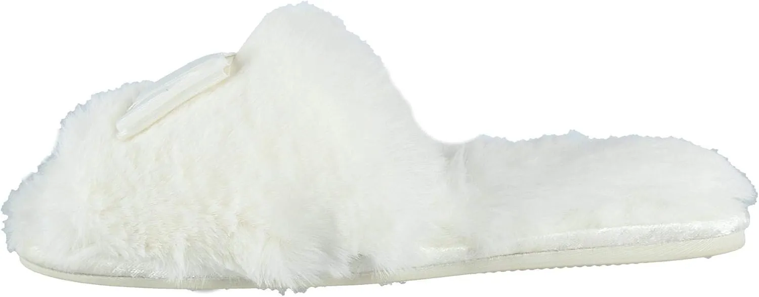 Faux Fur Bow Slippers with Rhinestones - Open Toe House Slides in Black (sizes Small to XLarge)