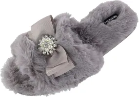 Faux Fur Bow Slippers with Rhinestones - Open Toe House Slides in Black (sizes Small to XLarge)