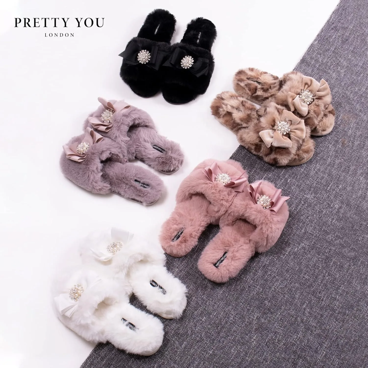 Faux Fur Bow Slippers with Rhinestones - Open Toe House Slides in Black (sizes Small to XLarge)