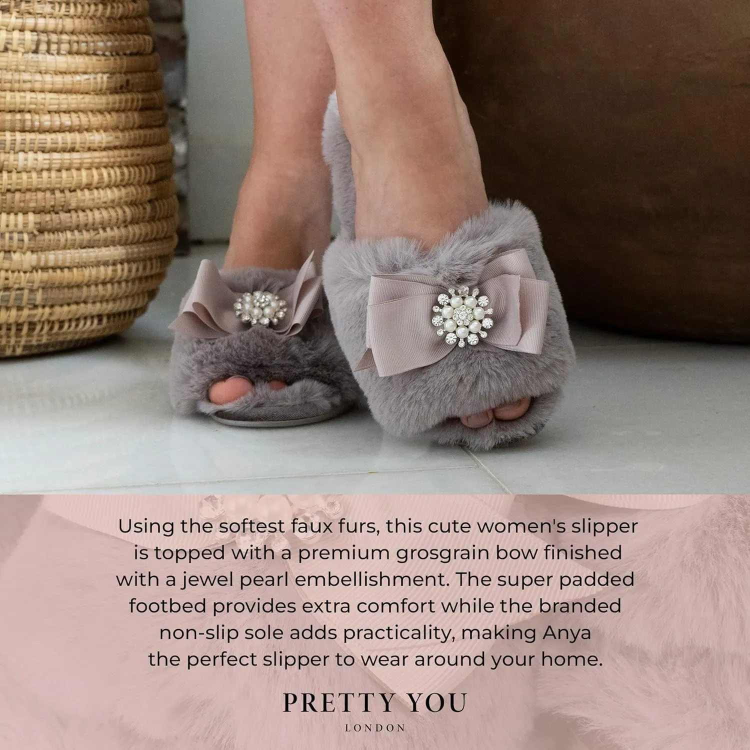 Faux Fur Bow Slippers with Rhinestones - Open Toe House Slides in Black (sizes Small to XLarge)