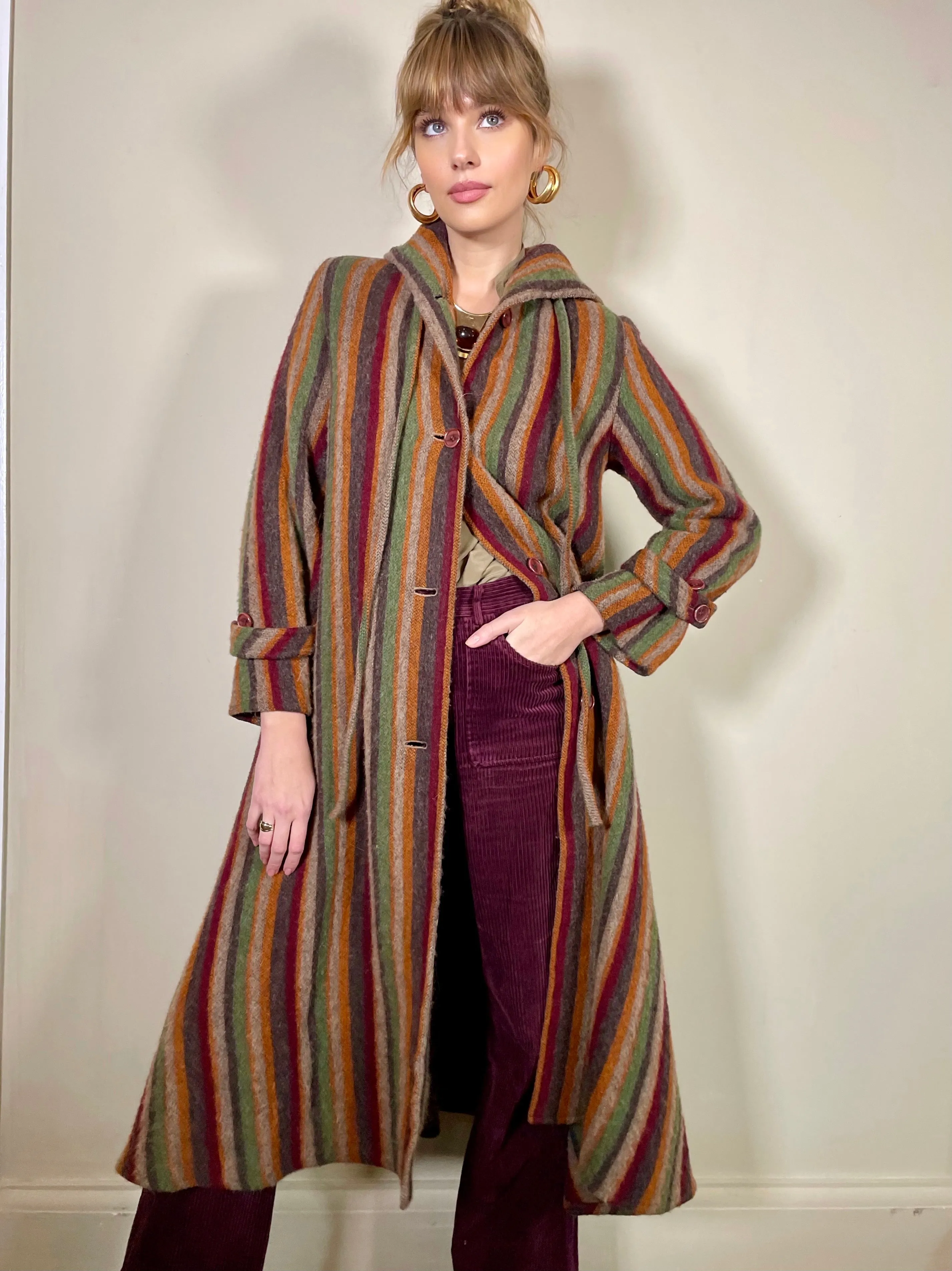 Piliar, stripe alpaca hooded coat