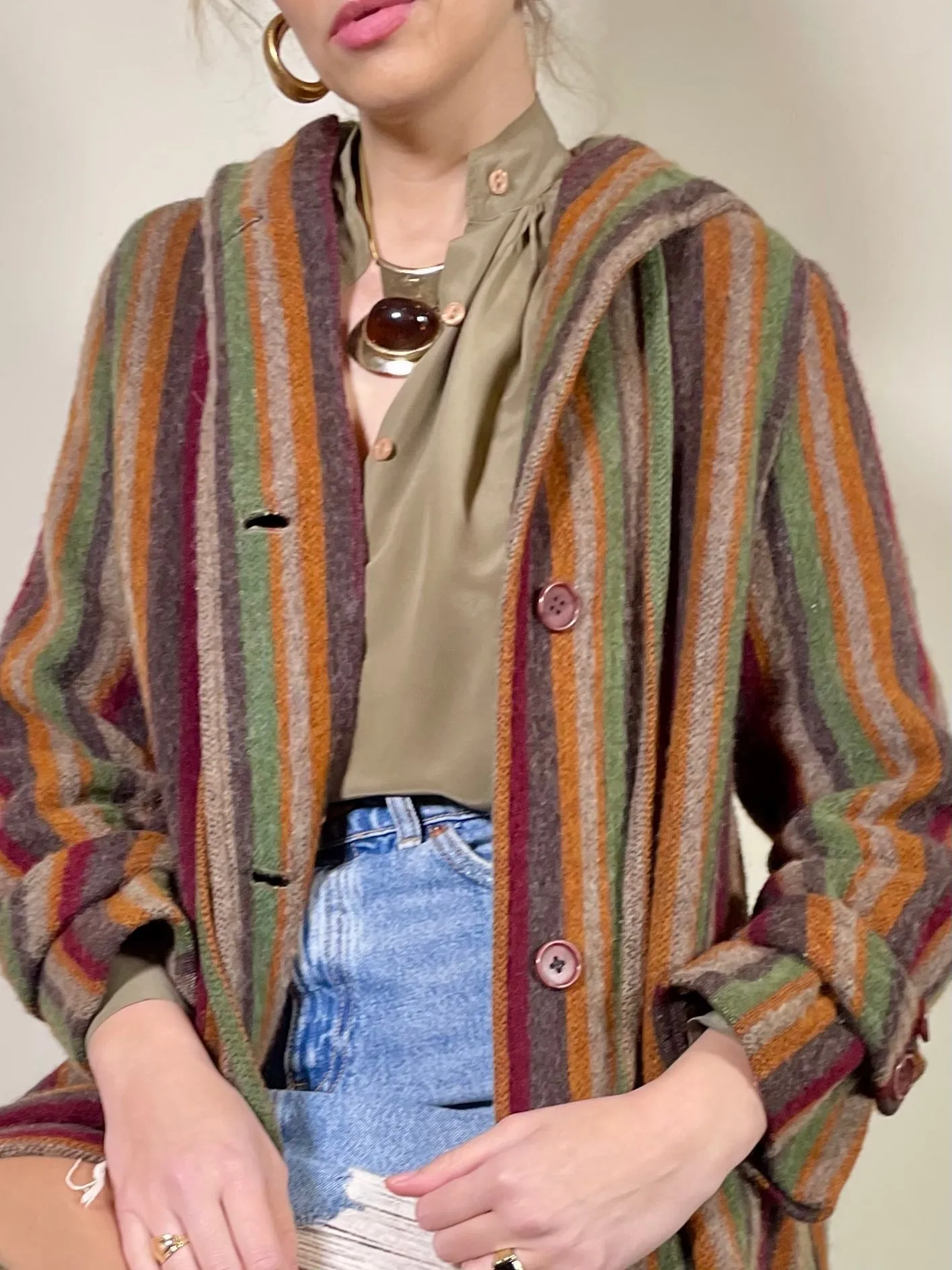 Piliar, stripe alpaca hooded coat