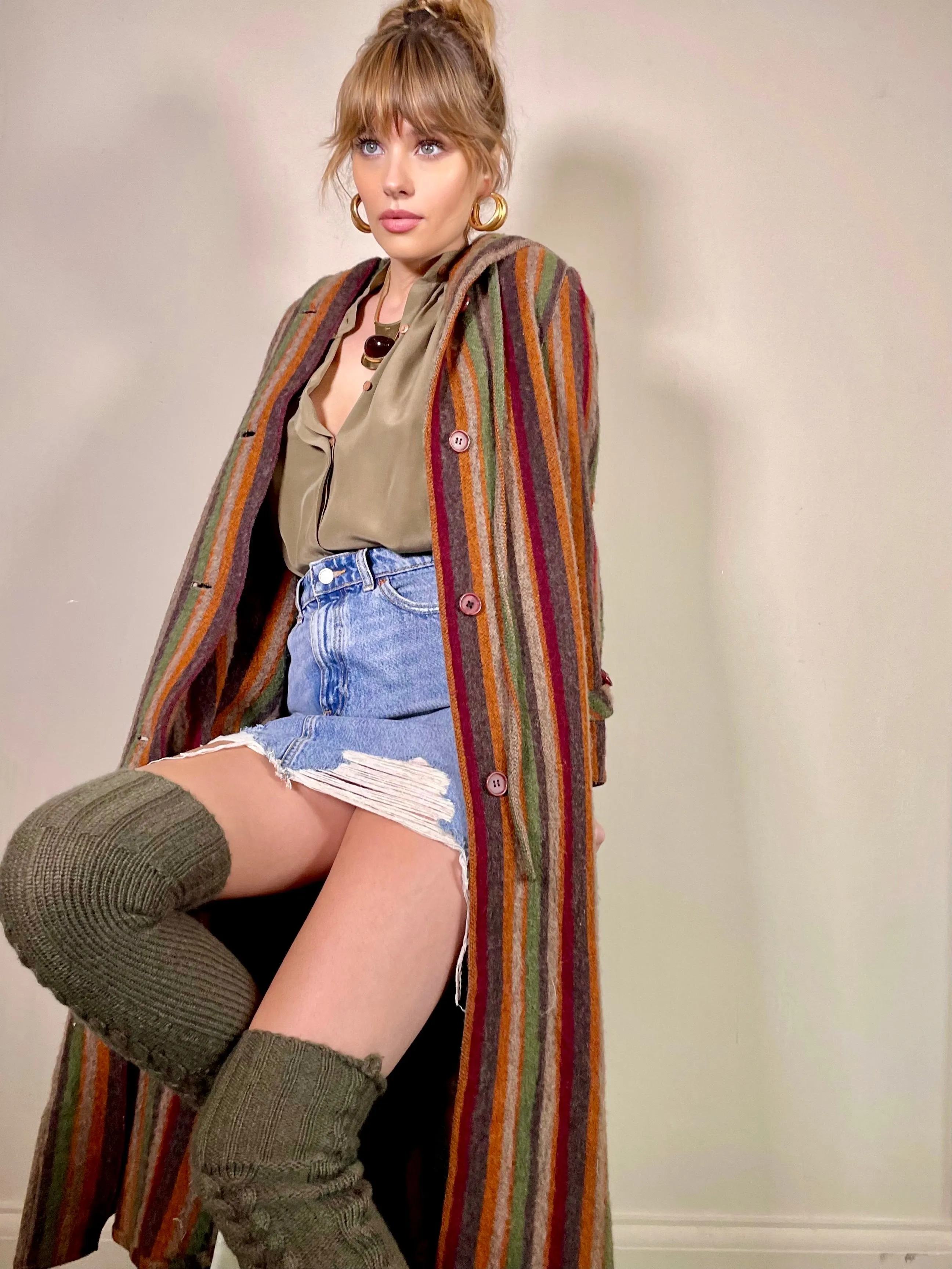 Piliar, stripe alpaca hooded coat