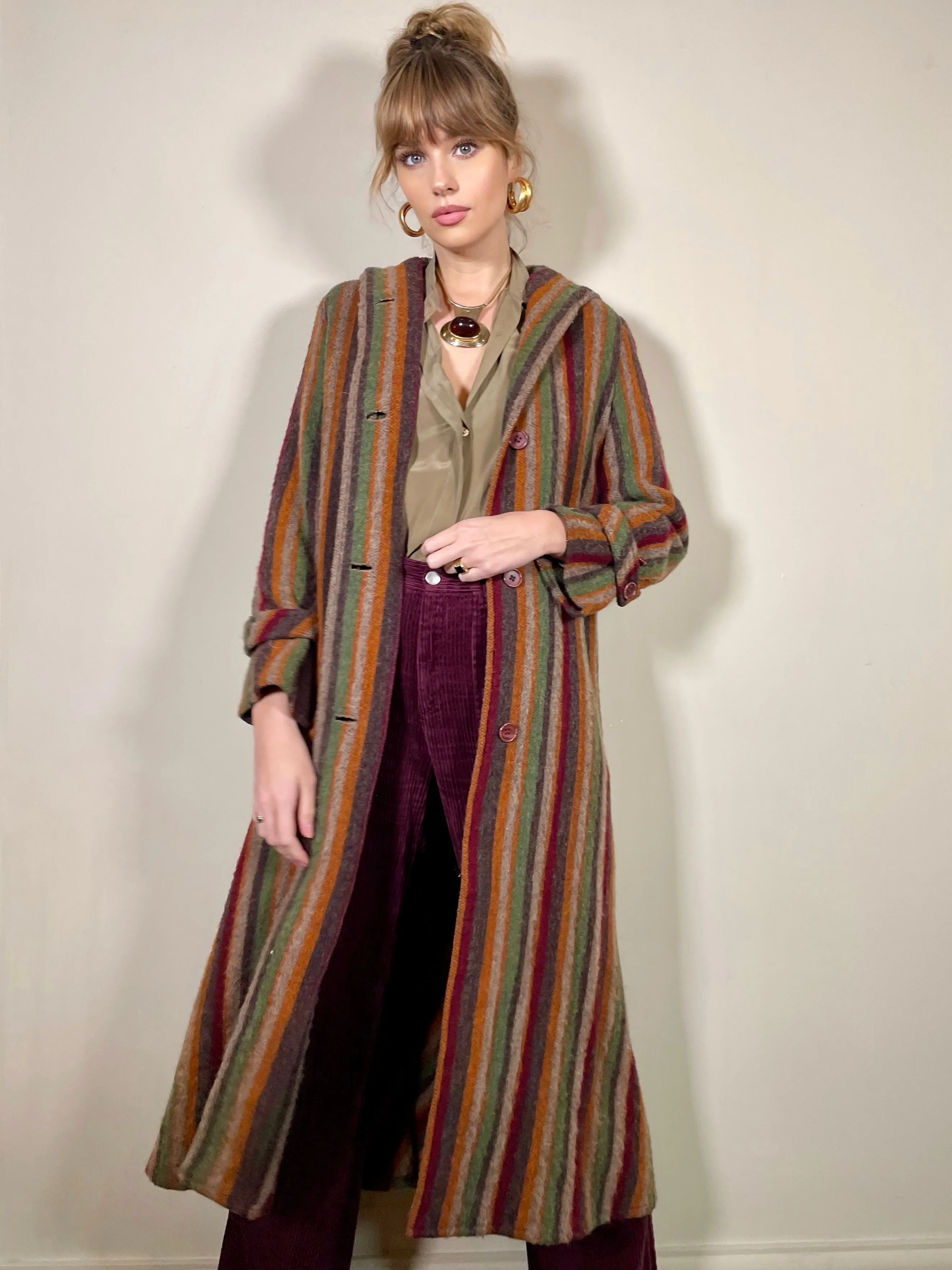 Piliar, stripe alpaca hooded coat