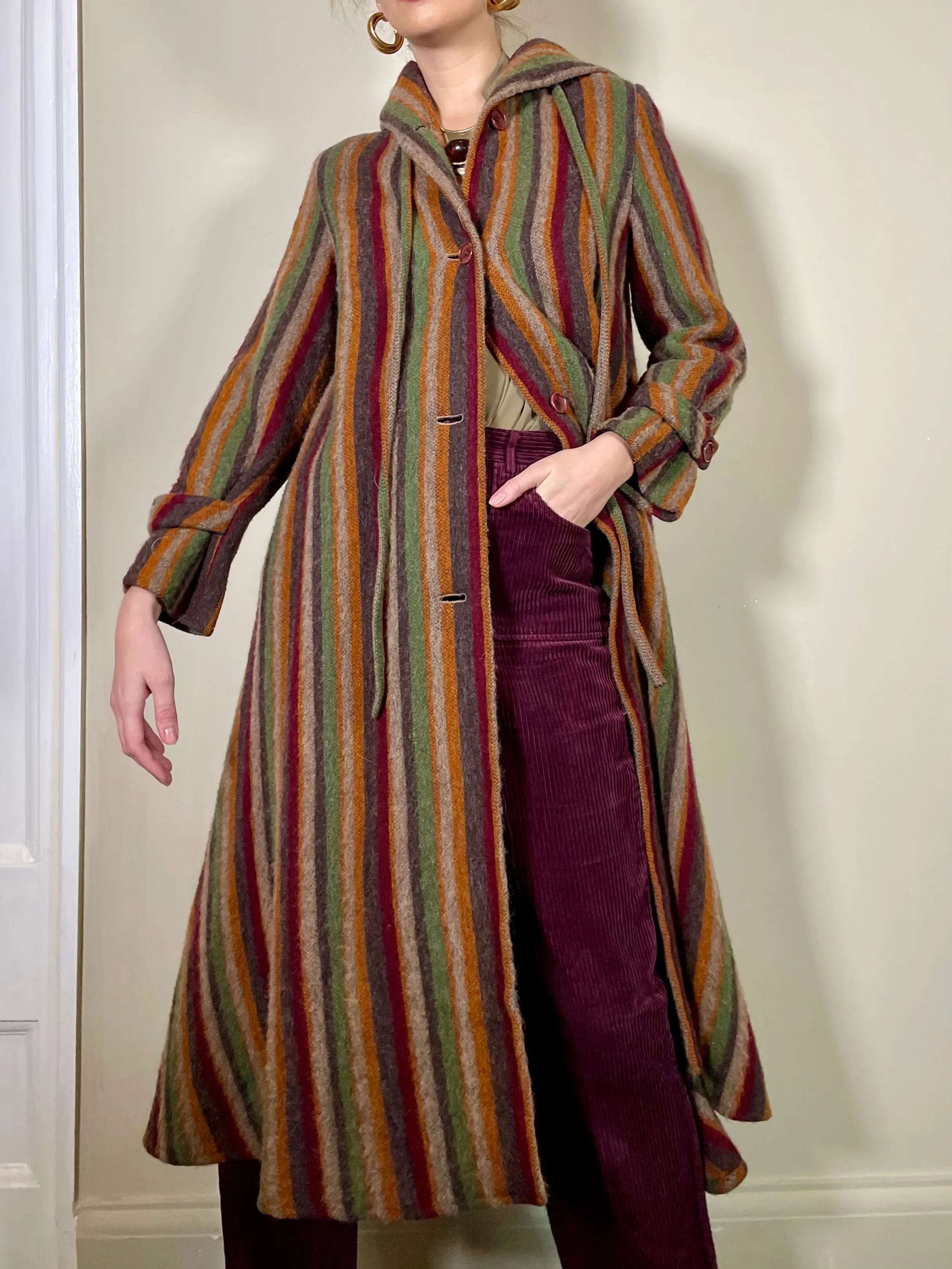 Piliar, stripe alpaca hooded coat