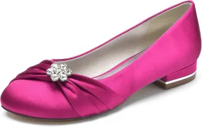 Round Toe Satin Flats Wedding Shoes for Bride Comfortable Bridal Flats Rhinestones Prom Evening Party Dress Pumps for Women