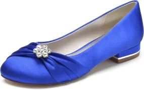 Round Toe Satin Flats Wedding Shoes for Bride Comfortable Bridal Flats Rhinestones Prom Evening Party Dress Pumps for Women