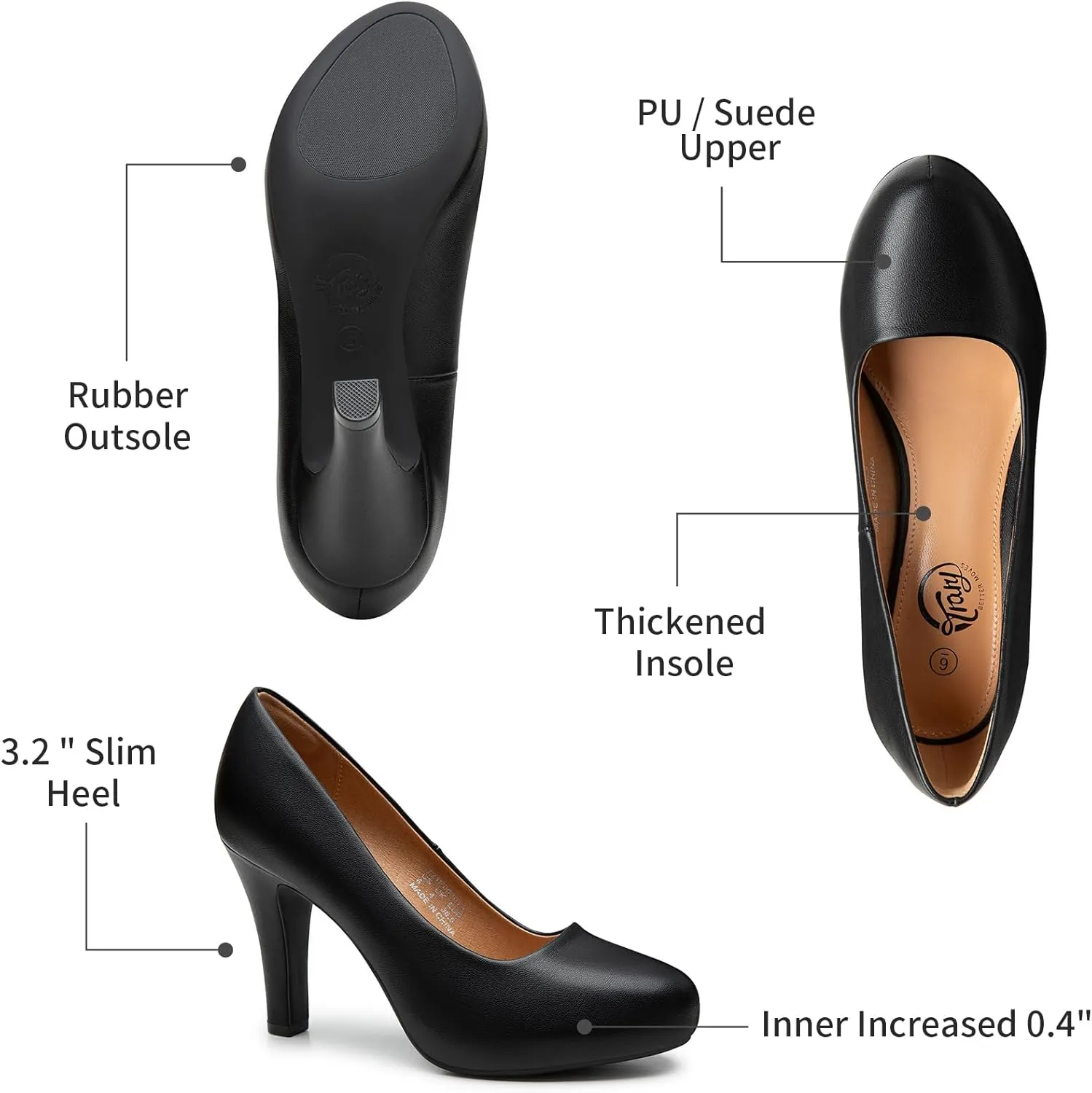 Trary Women's Heels for Women, Black Heels White Heels Brown Heels Nude Heels, Low Platform Heels, IN3.2 High Heel Closed Round Toe Pumps Dress Office Wedding Shoes for Women