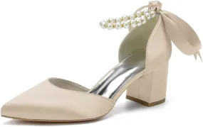 Women's Block Heel Closed Toe Chunky Pumps Dress Wedding Shoes with Pearls Ankle Strap Evening Party Shoes