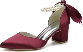 Women's Block Heel Closed Toe Chunky Pumps Dress Wedding Shoes with Pearls Ankle Strap Evening Party Shoes