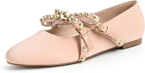 Women's Mary Jane Flats Round Toe Ballet Flats Shoes Pearl Embellished Bow Loafer Flats Slip On Comfortable Stud Strap Soft Dressy Flats Shoes