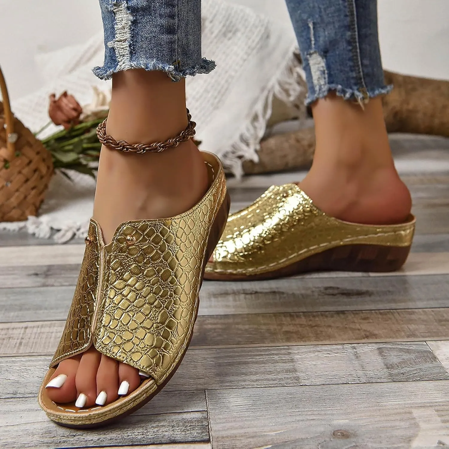 ZSpzx 2025 Women's Orthopedic Peep Toe Sandals Slip On Low Wedge Heel Comfortable Sandal Ladies Arch Support Cushioned Footbed Slippers Summer Casual Shoes for Beach Travel Outdoor Indoor