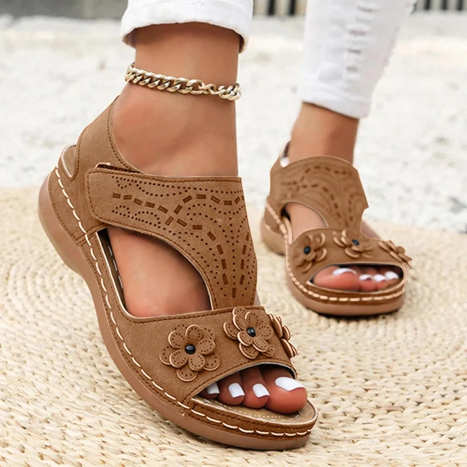 ZSpzx Arch Support Wedge Sandals for Women 2025 Open Toe T-Strap Orthopedic Flower Cushion Footbed Sandal Low Heel Summer Comfortable Breathable Slip On Casual Shoes for Beach Holiday Outdoor Indoor