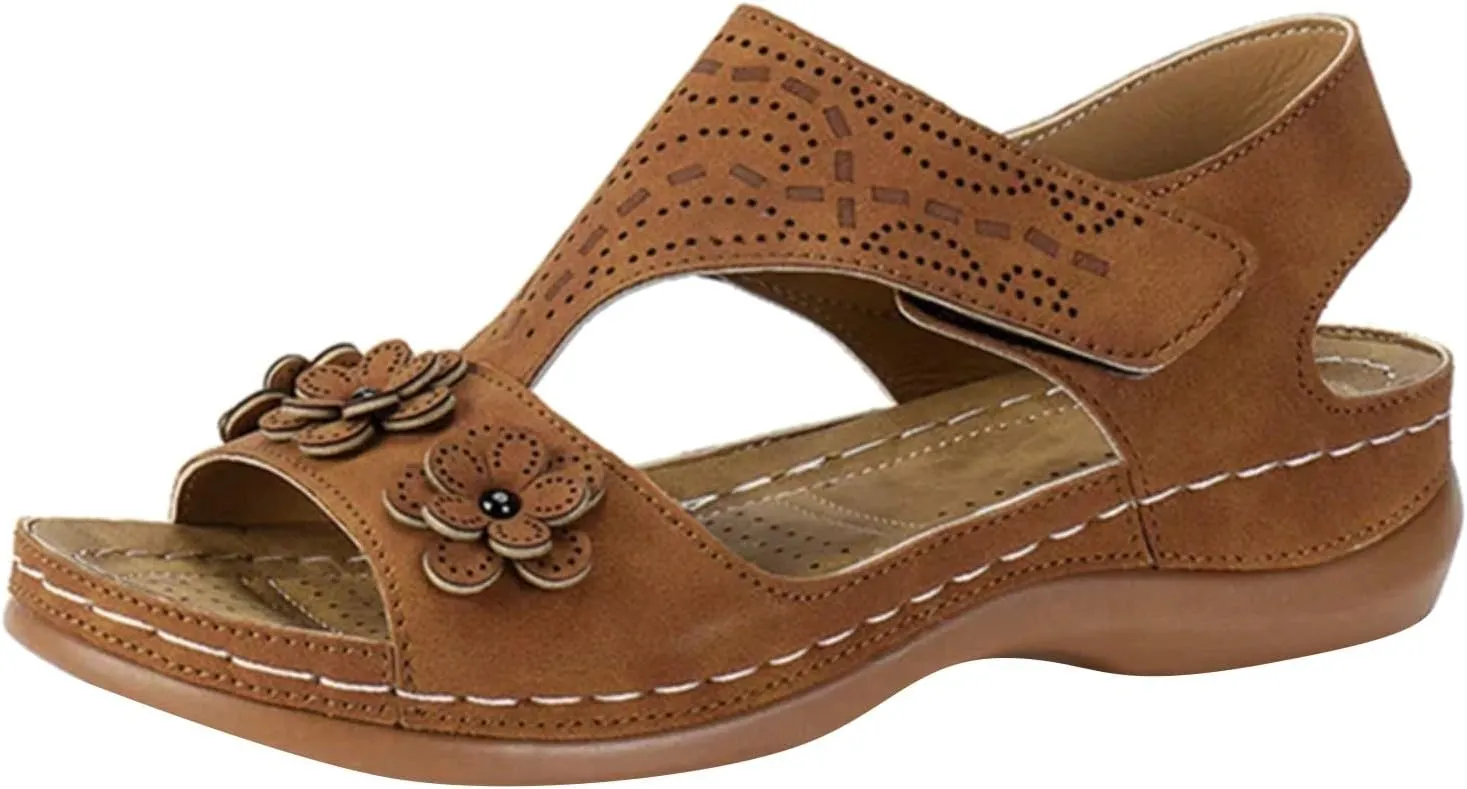 ZSpzx Arch Support Wedge Sandals for Women 2025 Open Toe T-Strap Orthopedic Flower Cushion Footbed Sandal Low Heel Summer Comfortable Breathable Slip On Casual Shoes for Beach Holiday Outdoor Indoor