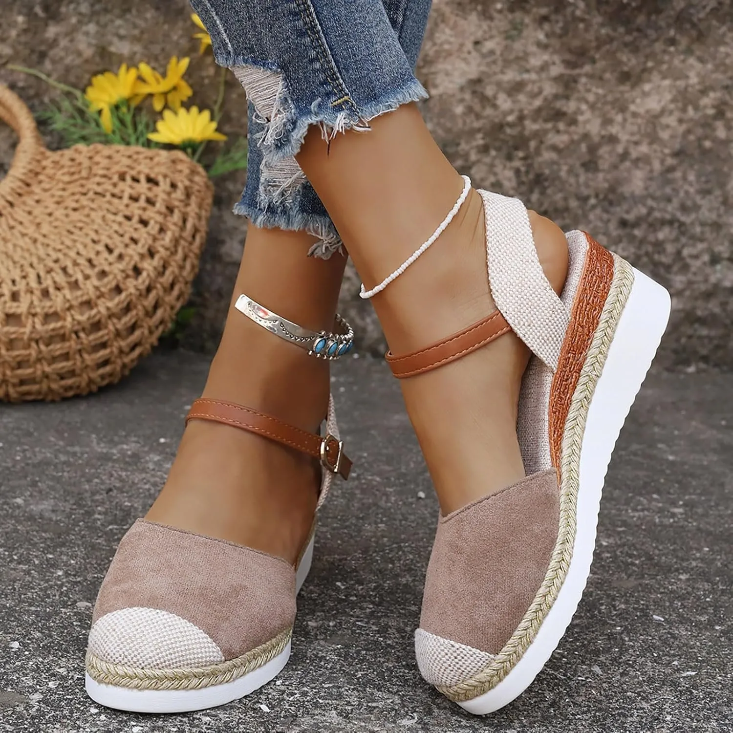 ZSpzx Women's Espadrilles Platform Wedge Sandals 2025 Orthopedic Closed Toe Backless Slingback Adjustable Strappy Sandal Summer Arch Support Shoes Ladies Cushion Footbed Low Heel Daily Shoe