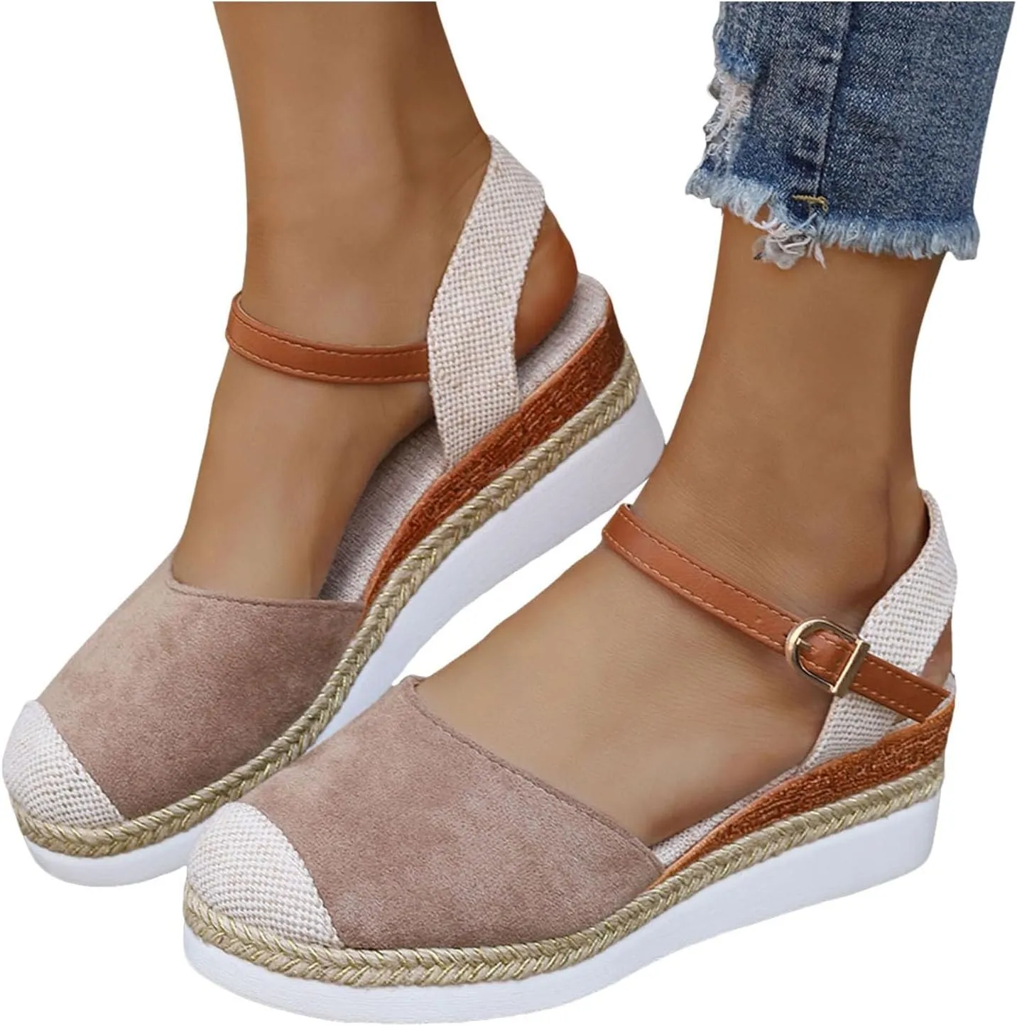 ZSpzx Women's Espadrilles Platform Wedge Sandals 2025 Orthopedic Closed Toe Backless Slingback Adjustable Strappy Sandal Summer Arch Support Shoes Ladies Cushion Footbed Low Heel Daily Shoe
