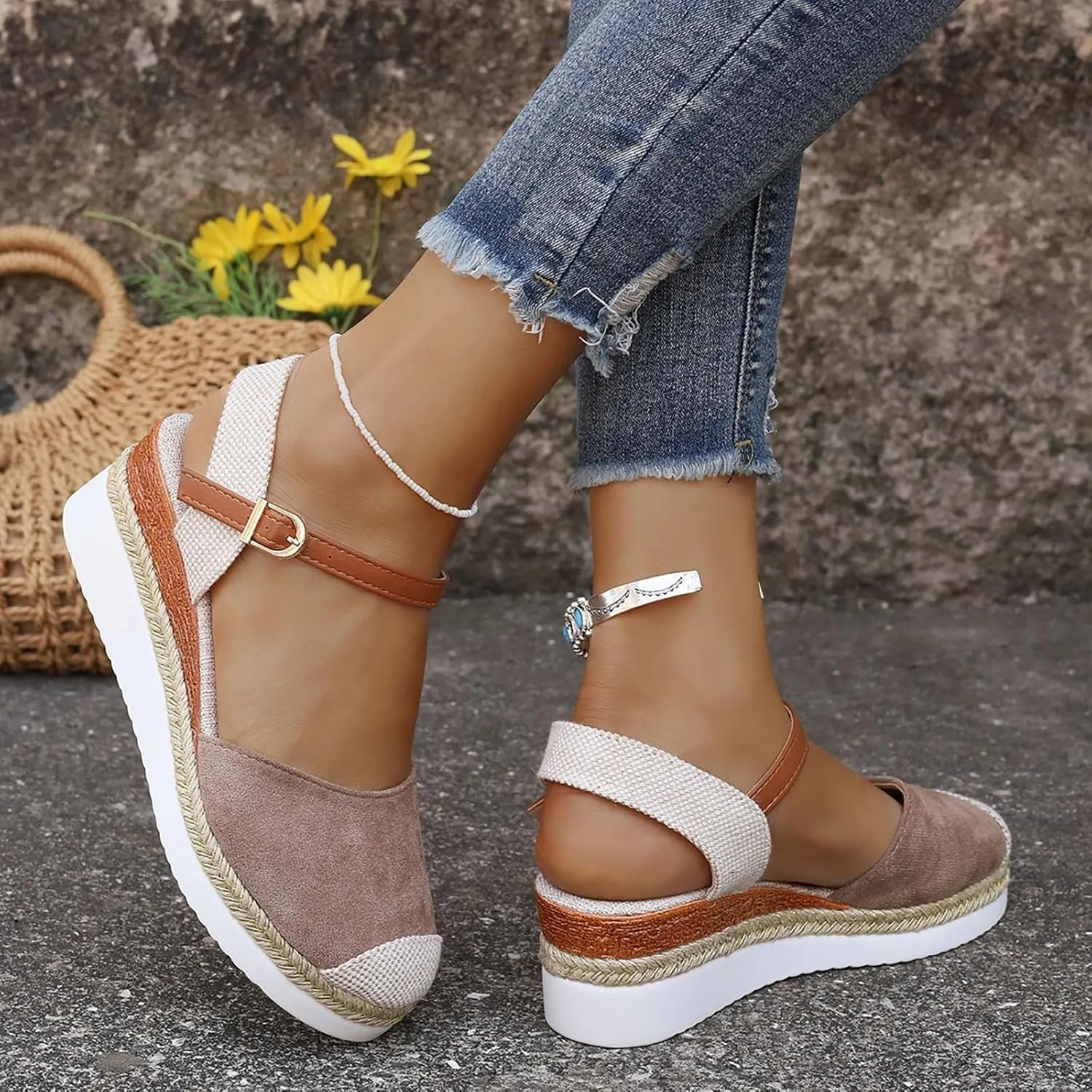 ZSpzx Women's Espadrilles Platform Wedge Sandals 2025 Orthopedic Closed Toe Backless Slingback Adjustable Strappy Sandal Summer Arch Support Shoes Ladies Cushion Footbed Low Heel Daily Shoe