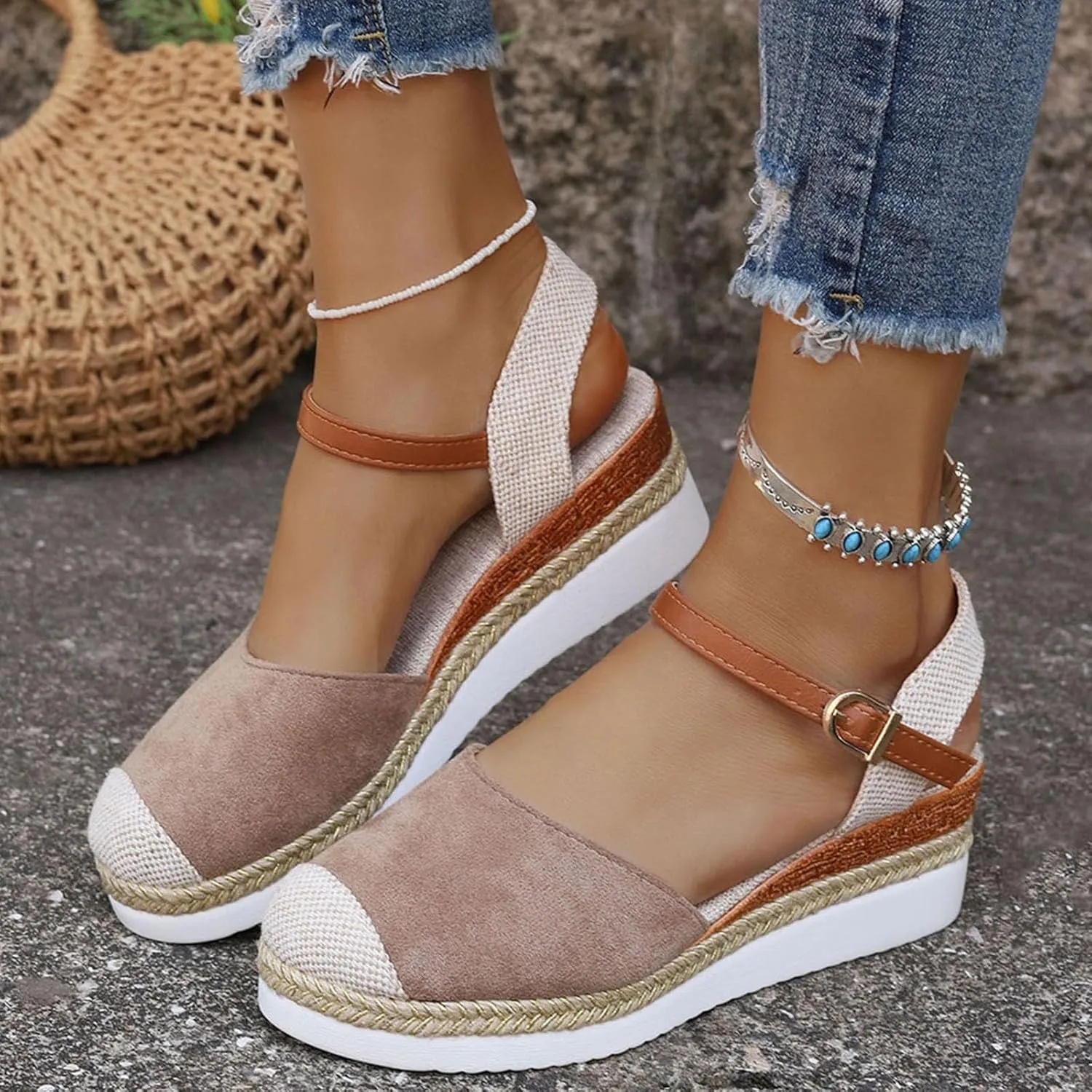 ZSpzx Women's Espadrilles Platform Wedge Sandals 2025 Orthopedic Closed Toe Backless Slingback Adjustable Strappy Sandal Summer Arch Support Shoes Ladies Cushion Footbed Low Heel Daily Shoe